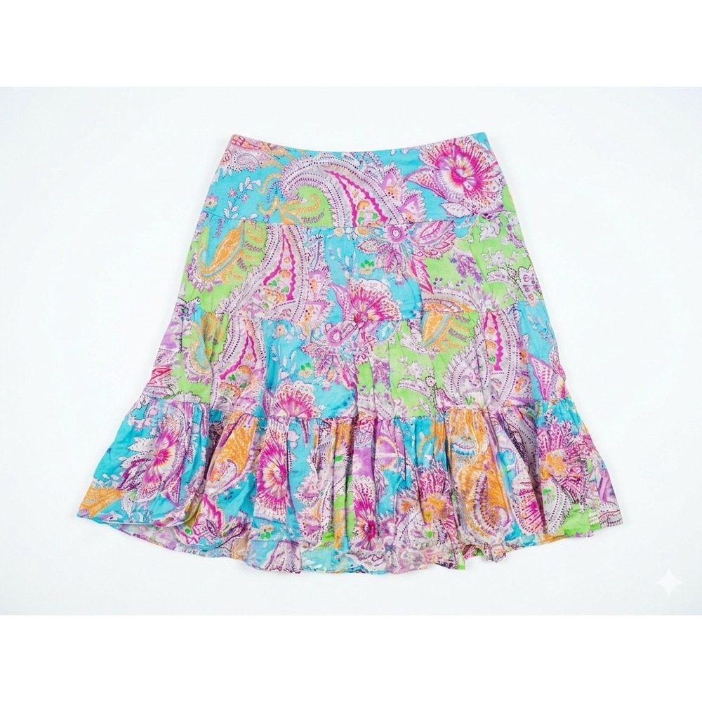 Lauren Ralph Lauren Paisley Linen Tiered Mini Skirt Blue Pink Green Size L